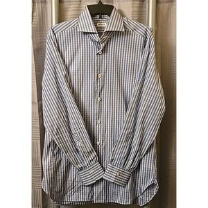 Kiton Dress Shirt Mens 16/41‎ Blue Pink White Button Up Long Sleeve Plaid Italy